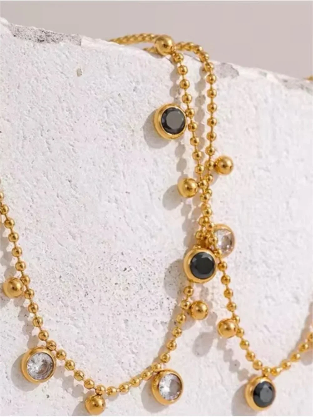 Gold plated Beaded Necklace with Clear Crystal Stations